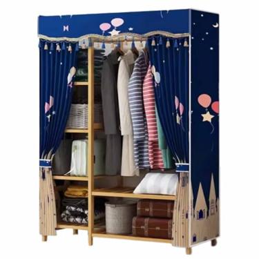 Imagem de Guarda-roupa Novo armário de guarda-roupa duplo reforçado engrossado madeira maciça pendurado guarda-roupa borla listra azul oxford pano tecido armário armário