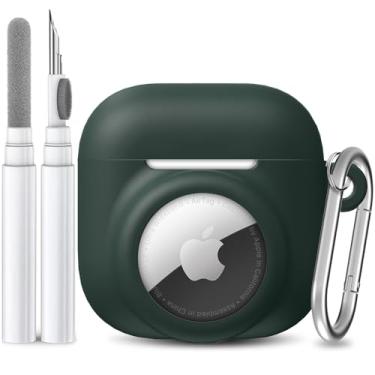Imagem de LDSXAY Capa de silicone 2 em 1 compatível com AirPod 4 e AirTag, capa protetora à prova de choque para AirPods 4ª geração com kit de limpeza e mosquetão (verde escuro)