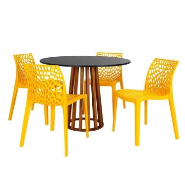 Imagem de Conjunto Mesa De Jantar Redonda Talia Amadeirada Preta 100cm Com 4 Cadeiras Gruvyer - Amarelo