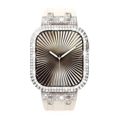 Imagem de NewWays Pulseira feminina de silicone para Apple Watch Série 10 Série 10 de 46 mm, design de luxo, diamantes brilhantes de 2 fileiras com adaptadores de metal para S10 iWatch