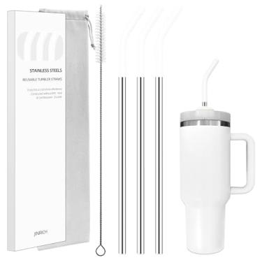 Imagem de JINRICH Conjunto de 3 canudos de aço inoxidável para copo de 1,134 g, para copo Stanley de 1,134 g, canudo de metal reutilizável com 6 pontas de silicone e 1 escova de limpeza de canudo (branco, 1,134