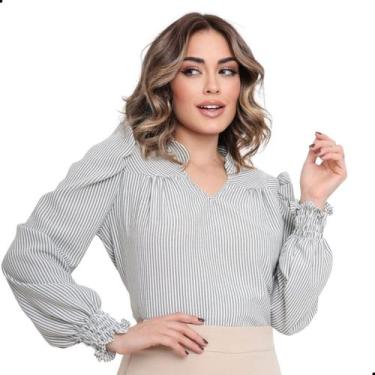 Imagem de Blusa Manga Longa Bufante Gola V Listrada Feminina Social - G-Store, V