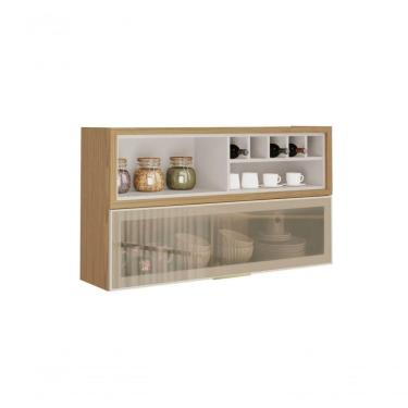 Imagem de Armário Aéreo 120cm 1 Porta Horizontal Vidro E Nicho Adega New Porto - Itatiaia Freijó-off White