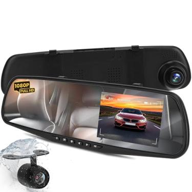 Imagem de Pyle Espelho retrovisor Dash Cam – Monitor DVR de 4,3 polegadas, sistema de gravação de vídeo com câmera dupla em Full HD 1080p com sensor G embutido, detecção de movimento, controle de