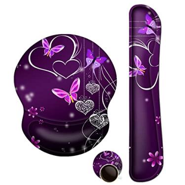 Imagem de Apoio de pulso ArtSo atualizado para mouse pad e teclado, mouse pad ergonômico de gel antiderrapante base de borracha para casa, alívio da dor no escritório, almofada de fácil digitação neoprene, espuma viscoelástica macia, borboleta de coração roxo