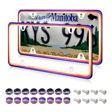 Imagem de Moldura iridescente para placa de licença, pacote com 2, suporte de placa de licença de aço inoxidável à prova de ferrugem, suporte universal de placa de licença dos EUA, moldura arco-íris polida