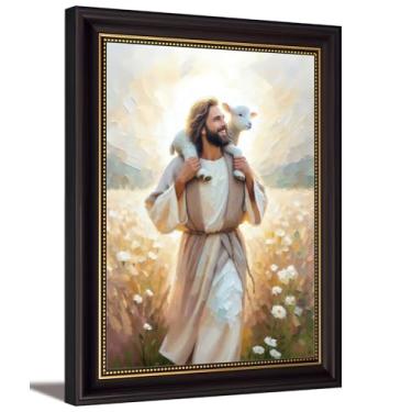 Imagem de Arte de parede com moldura marrom escuro Jesus carregando o cordeiro Jesus deixa as 99 ovelhas para decoração de parede de Cristo o Bom Pastor para decoração de sala de estar, quarto, igreja