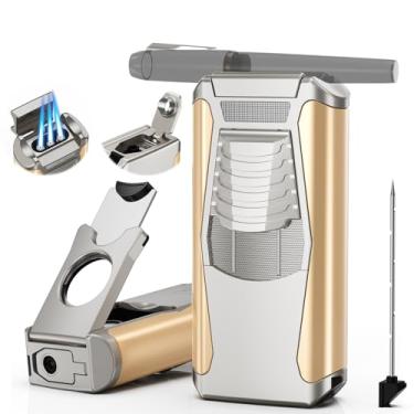 Imagem de Isqueiro 5 em 1 com chamas de jato duplo, acessórios (sem gás) (prata e ouro)