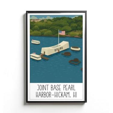 Imagem de LCGifts Pôster Joint Base Pearl Harbor Hickam Hawaii - Ilustração de Marco Histórico do Pacífico - Arte de Base de Aviação Naval - Decoração de Parede Militar Vintage - Design de Pôster Retrô