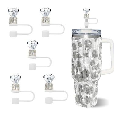 Imagem de JIASHEBDE Conjunto de 5 peças de cobertura de canudo de diamante brilhante, topo de palha de strass duplo para copos Stanley de 30 e 1,134 g, acessórios de tampa de 1 cm para canudos de 10 mm (branco)