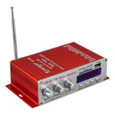 Imagem de Amplificador Hi-Fi Mini, Vermelho, Alumínio, USB/SD/FM, 12V, com Controle Remoto, Entrada AUX 3.5mm, Potência 20Hz-20kHz, 15.3x4.3x8.3cm