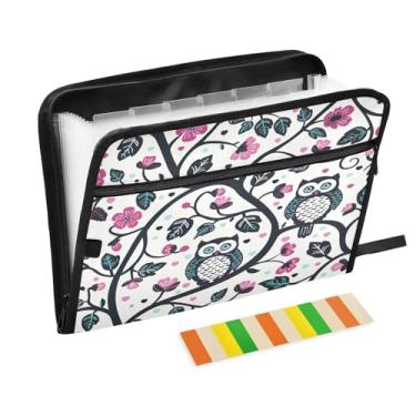 Imagem de Wassud Pasta organizadora de arquivos de papel A4 de flores e corujas com etiquetas e pastas de arquivos expansíveis, 13 bolsos
