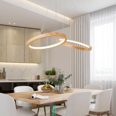 Imagem de Lustre moderno em madeira na cor natural, com 2 anéis, LED dimerizável, luminária pendente redonda para mesa de jantar, sala de estar, escritório, cozinha e bar (106 cm de comprimento).