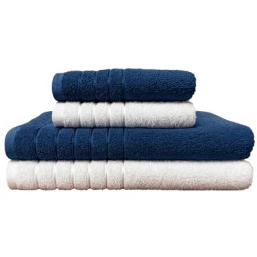 Imagem de Kit 4 Toalhas Algodão (02 Banho + 02 Rosto) - Jogo de Toalhas Super Absorventes 400g Tamanho Grande 70cm x 130cm (BRANCO - AZUL)