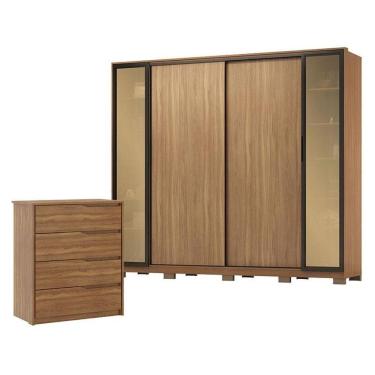 Imagem de Cômoda Átria e Guarda Roupa Casal Laredo Amêndola Touch Nude Prime Flex com Portas de Vidro Reflecta e Pés - Demartez