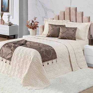 Imagem de Kit Cobre Leito Colcha Midna Queen 8 Peças Dupla Face Xale Floral Jacquard Pedraria - Marrom Palha