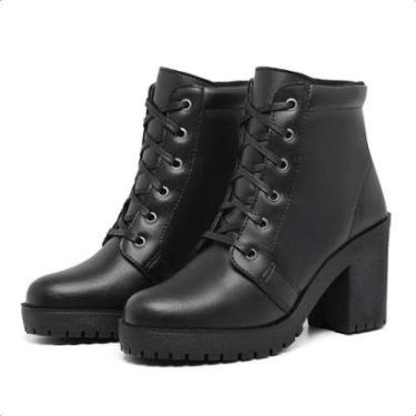 Imagem de Bota Coturno Feminino Cadarço Salto Grosso Bloco Medio Confortavel Macia Tamanho Especial-Masculino