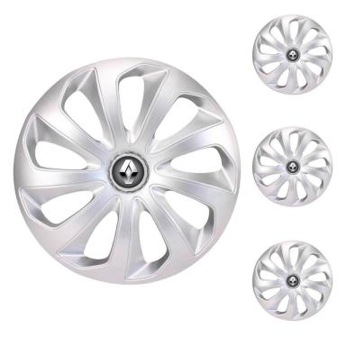 Imagem de Jogo Calota Aro 13 Velox Silver Elitte Prata + Emblema Resinado Renault (Sandero Logan Clio Scenic Megane Kwid)