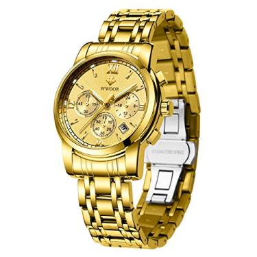 Imagem de Relógio masculino multifuncional cronógrafo à prova d'água analógico de quartzo de aço inoxidável moderno relógio de pulso luminoso com data, Glod-64