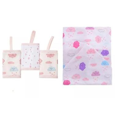 Imagem de Kit Enxoval Bebê 4 Peças Toalha Malha Forro Fralda Pano Boca para Meninas com Estampa Nuvens Rosas | 100% algodão