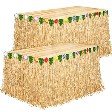 Imagem de Aodaer Pacote com 2 saias de mesa de grama havaiana 250 x 76 cm de palha Luau saia de mesa tema havaiano decoração de festa para tropical Havaí, suprimentos de decorações temáticas de verão