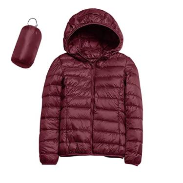 Imagem de Jaqueta feminina acolchoada para inverno, quente, leve, com capuz, caimento justo, casaco curto com capuz e capuz, Vinho A, P