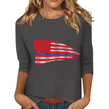 Imagem de Camiseta feminina com estampa da bandeira patriótica dos EUA, blusas Memorial Day, camiseta de verão para sair, Cinza, XXG