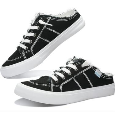 Imagem de Obtaom Tênis feminino de lona mules viscoelástico moderno confortável sem cadarço sem costas nuas, Lona preta, 34