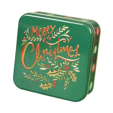 Imagem de oshhni Lata de biscoitos de Natal Caixa de doces de Natal Chocolate Snacks Armazenamento Ferro Portátil Xmas Treat Tin Caixa de biscoitos para o Ano Novo, Verde Feliz