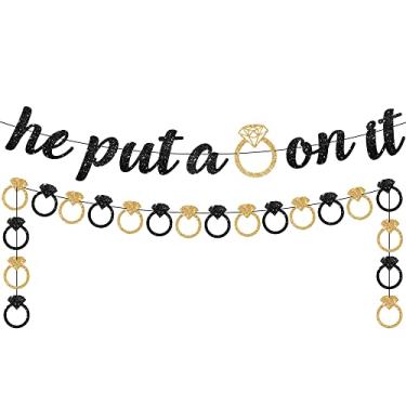 Imagem de KatchOn, Pre-Strung He Put A Ring On It Banner - Glitter, 10 Feet No DIY | Black and Gold Engagement Party Decorations, He Put A Ring On It Sign for Bachelorette Party Decorations, Bridal Shower Décor