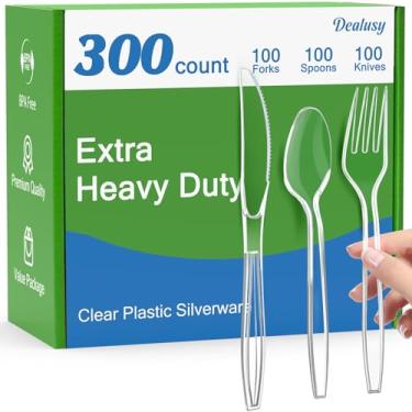 Imagem de Dealusy 300 talheres de plástico transparente extra resistente, 100 garfos, 100 colheres, 100 facas, livre de BPA, resistente ao calor, conjunto de utensílios de plástico descartáveis, conjunto de