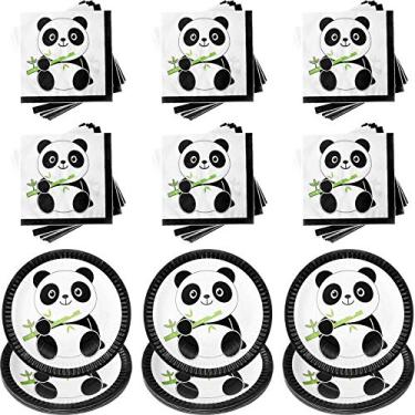 Imagem de Boao Conjunto de artigos de festa de panda, utensílios de mesa descartáveis de panda incluindo 30 peças de pratos de papel de bolo e 40 peças de guardanapos, decorações de festa de aniversário para