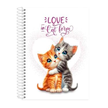 Imagem de Caderno Feminino Colegial Capa Dura 10 Matérias Cats Love Branco