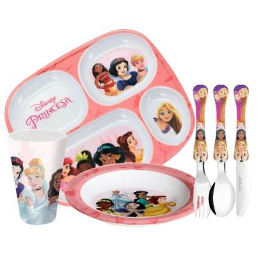 Imagem de Jogo Refeição Infantil Princesas Disney 6 Peças Prato Divisória, Prato Fundo, Copo e Talheres - Tuut