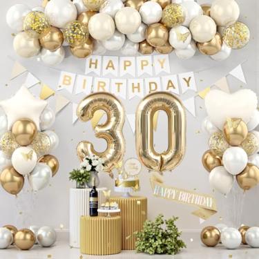 Imagem de Decorações de aniversário de 30 anos, decorações de festa de aniversário de ouro branco para mulheres e homens, balões de creme boho bege suprimentos de festa com faixa, faixa brilhante, topo de bolo