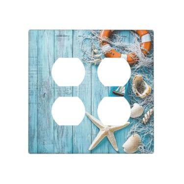 Imagem de OILbiexn Capas decorativas de madeira azul com rede de pesca de estrela do mar, concha salva-vidas, placa de parede de 2 gangues, receptáculo duplo duplo para interruptor de luz, capa de interruptor