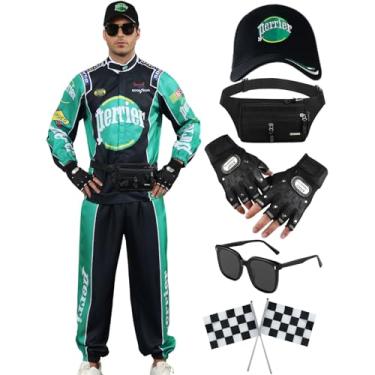 Imagem de kakufunny 7 peças de fantasia masculina de corrida de carro de corrida, conjunto completo de cosplay, macacão de corrida e boné, fantasia de Dia das Bruxas, Verde, P