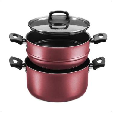 Imagem de Jogo de Panela Cozimento a Vapor 3L Antiaderente 3x1 Pegadores Antitér