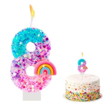 Imagem de Número de velas de aniversário arco-íris para bolos, números de lantejoulas, 8 velas, enfeite de bolo, decorações de cupcake, suprimentos de festa com tema de arco-íris colorido, presentes de