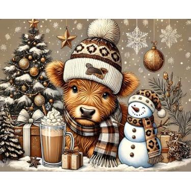 Imagem de Axquilon Kit de pintura de Natal por números para adultos iniciantes - vaca Highland Kits de pintura por números em tela, kits fáceis de pintar por número para adultos para decoração de parede de casa