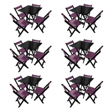 Imagem de Kit 6 Mesas de Madeira Dobrável Preto 70x70 com 4 Cadeiras Dobráveis Roxo