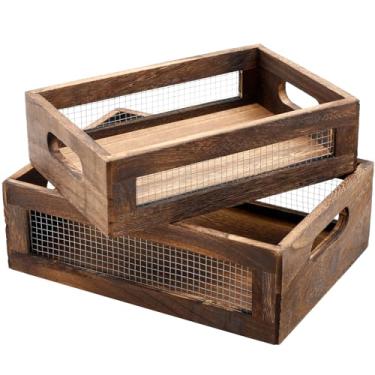 Imagem de 2 peças de cesta de bancada versátil fácil de limpar caixa de madeira com tela de arame para pão de vegetais