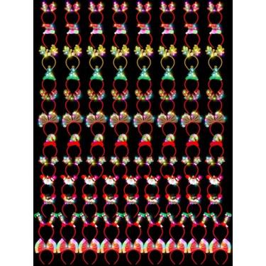 Imagem de HOVACY 100 peças de faixa de cabeça de Natal iluminada, luzes de LED, chapéu de Papai Noel, rena, gengibre, chifre, árvore, elfos, chapéu, arco de cabelo para lembrancinhas de festa de Natal