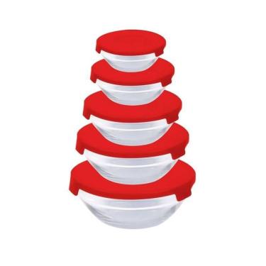 Imagem de Conjunto Com 5 Potes Redondo De Vidro Com Tampa Vermelha
