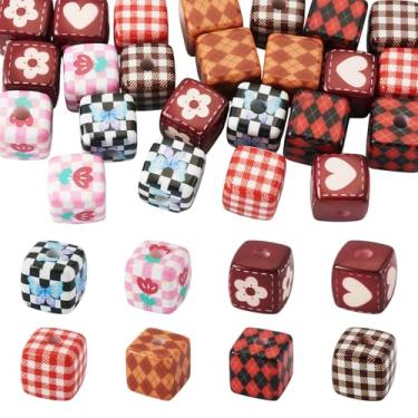 Imagem de Cheriswelry 24 contas de cubo de acrílico coração flor borboleta xadrez contas quadradas impressão colorida contas espaçadoras soltas 13,5-14,5 mm para pulseira faça você mesmo, colar, brinco