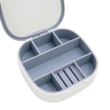 Imagem de Estojo Porta Joias Portátil com Espelho LED, Branco, Plástico ABS, Moderno, Organizador de Joias com Compartimentos, 15x12x15 cm