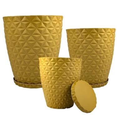 Imagem de Kit 3 Vasos Marmorizados Decorativos Planta de Luxo ou Flor Polietileno Coluna polida N1 N2 + Bojo N1 Com Pratos vasos para plantas ((A96+A50+A76) MOSTARDA)