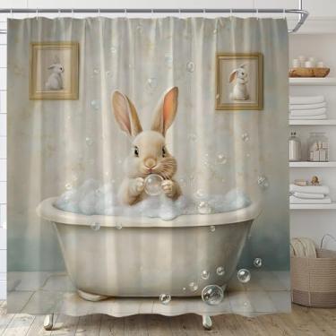 Imagem de HWSSHW Cortina de chuveiro de coelho coelhinho engraçado na banheira bolha vintage conjunto de cortina de banheiro com ganchos