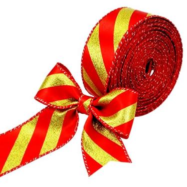 Imagem de Meseey Fita com fio de listras diagonais vermelhas e verde-limão 6 cm x 20 metros fitas de árvore de Natal para embrulho de presente laços de guirlanda DIY decoração artesanal (diagonal vermelho/verde