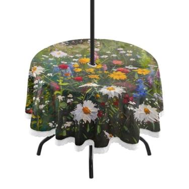 Imagem de CEBUGI Toalha de mesa redonda para uso ao ar livre, flores silvestres, impermeável, com furo Umberlla, capa de mesa lavável para pátio, cozinha, sala de jantar, 152 cm